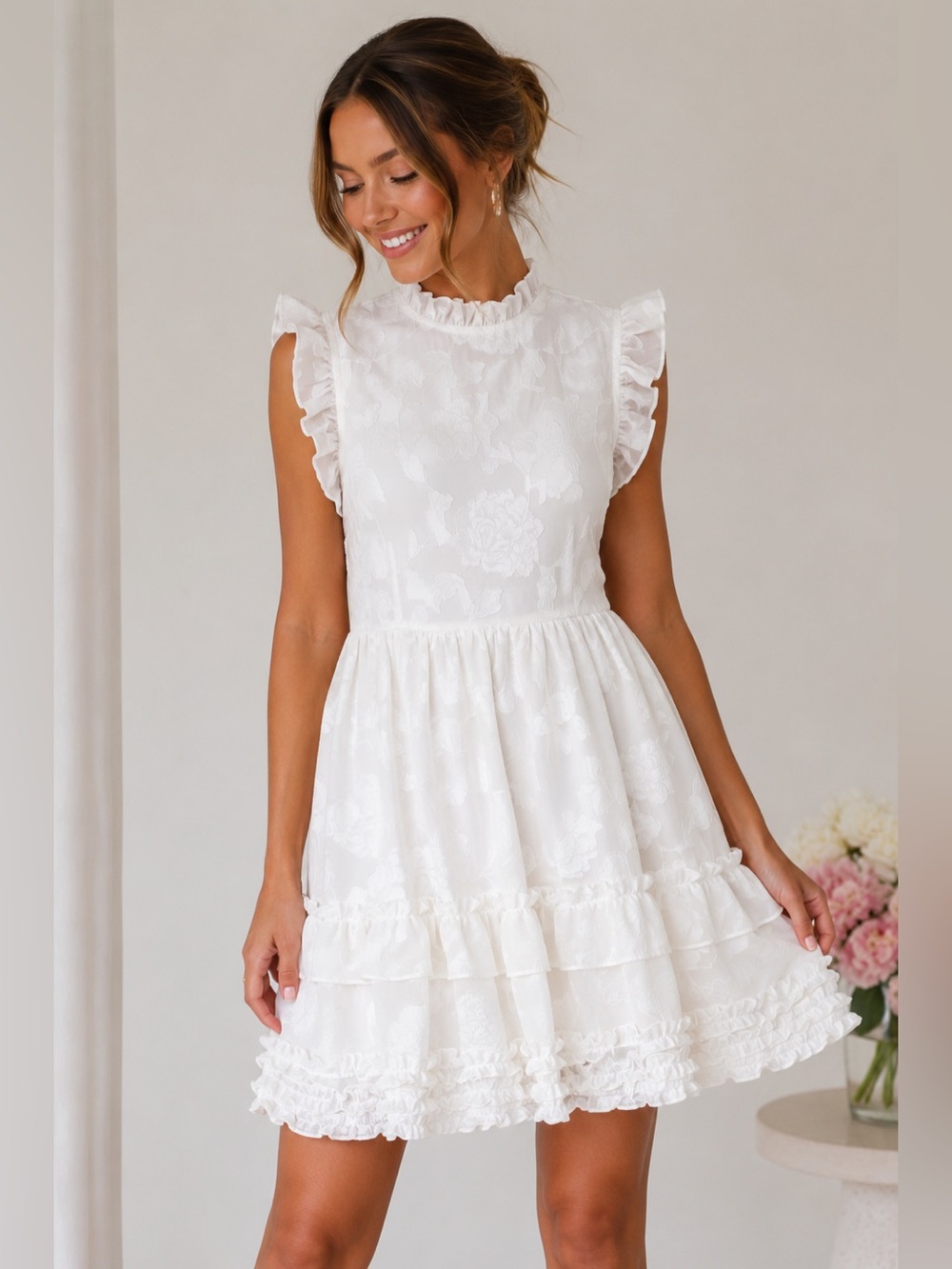 Lulus White Floral Jacquard Ruffle Tiered Mini Dress Size M NWT